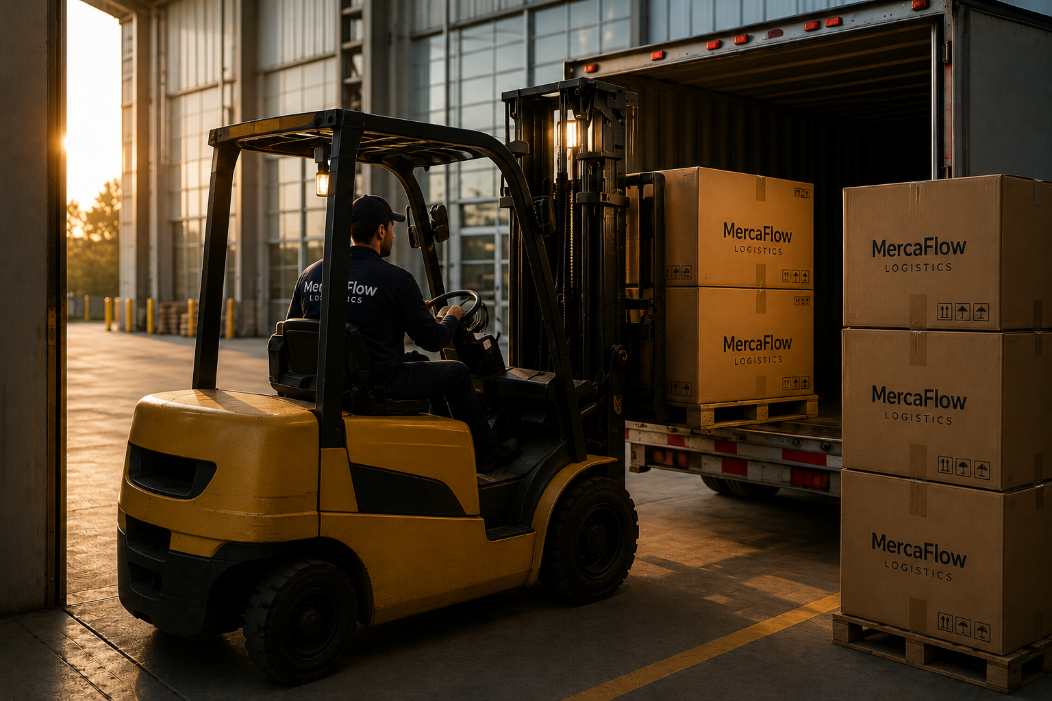 A worker operating a forklift unloading boxes labeled 'MercaFlow Logistics' from a truck at a warehouse during sunset.