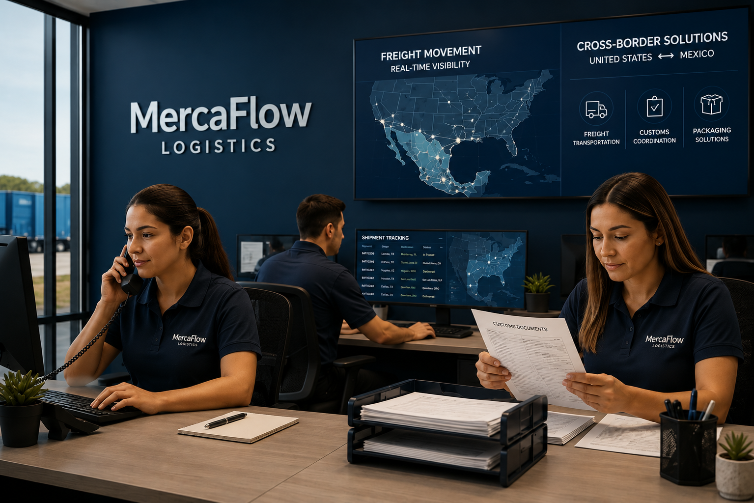 Office staff working at desks with monitors, charts, and documents, in a MerkaFlow Logistics company office, with a large map of the US on the wall showing freight movement and cross-border solutions.