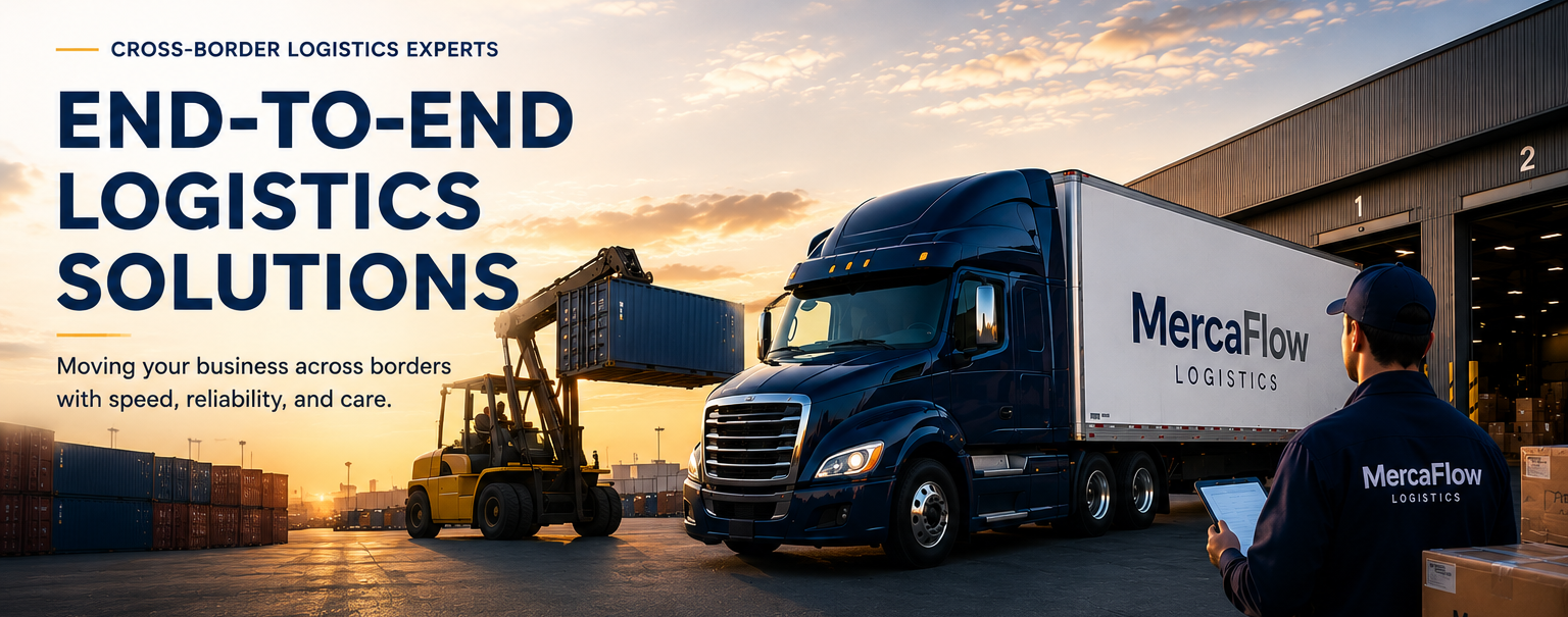 A semi-truck with MercaFlow Logistics branding parked outside a warehouse during sunset, with a forklift lifting a container, and a logistics worker using a tablet near cardboard boxes.