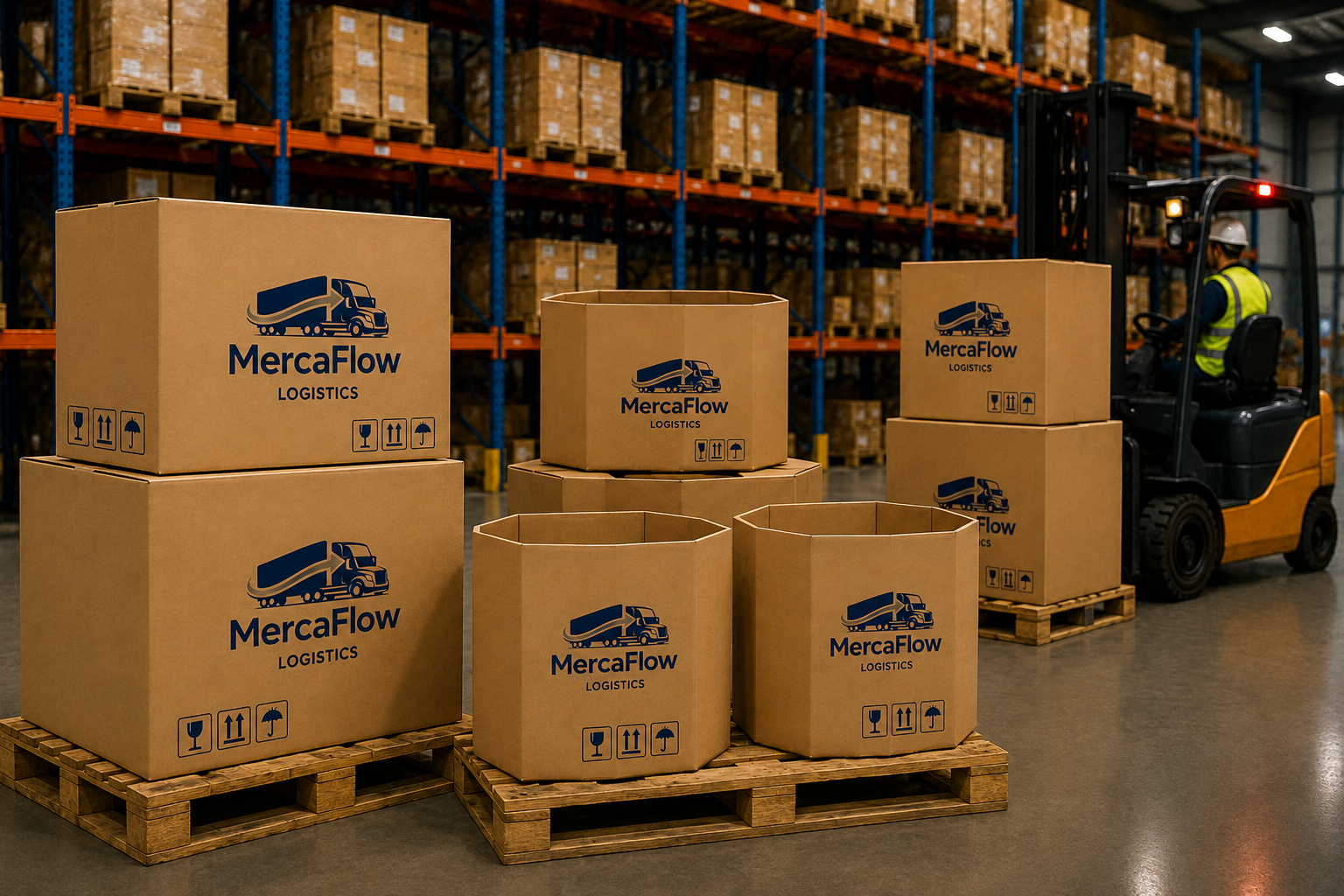 Warehouse with cardboard boxes labeled MercaFlow Logistics on wooden pallets and a forklift operator in a high-visibility vest and helmet.