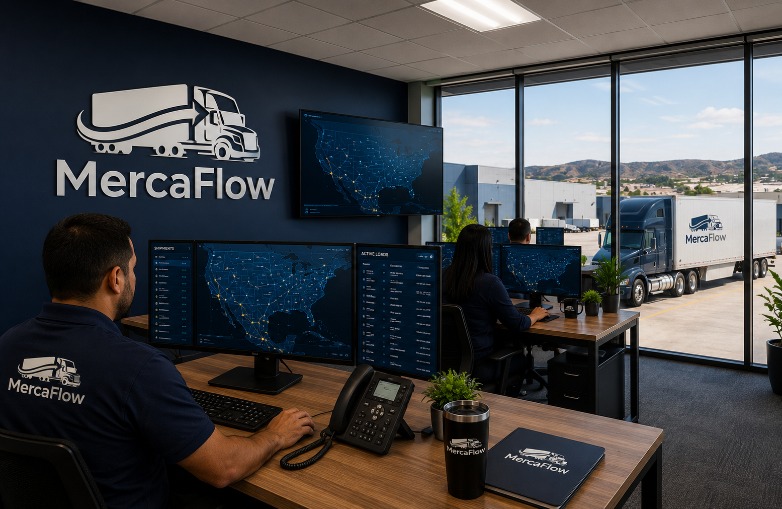 Office with three employees working at desks with multiple monitors, displaying a map of the United States and logistics data, with a large MercaFlow logo on the wall and trucks visible outside through large windows.
