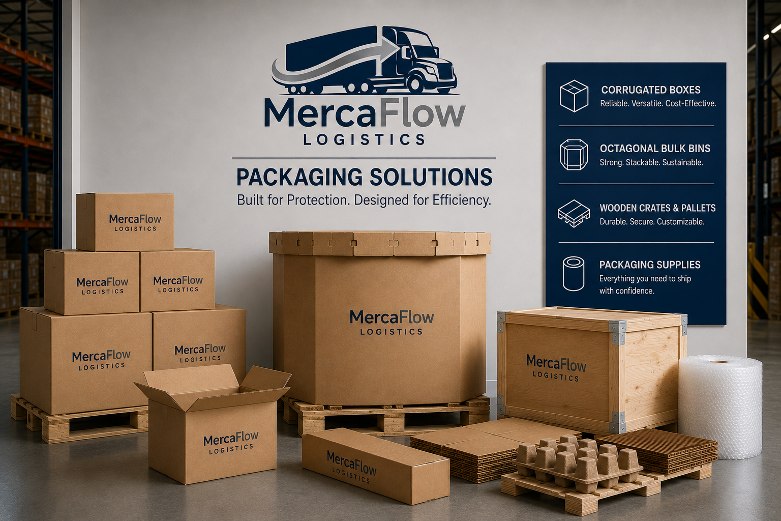 Boxes and pallets in a warehouse with signage for MercaFlow Logistics, promoting packaging solutions like corrugated boxes, octagonal bulk bins, wooden crates and pallets, and packaging supplies.