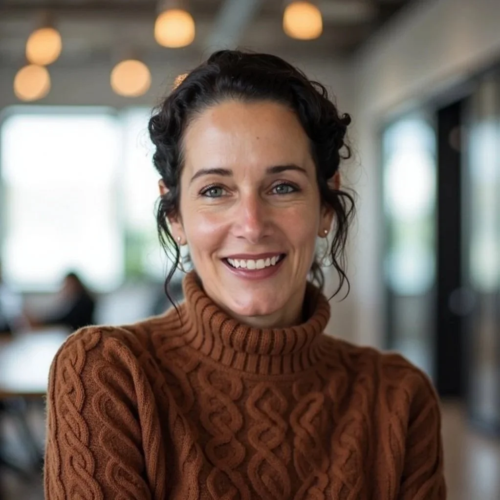 A woman with curly dark hair and blue eyes smiling, wearing a brown cable-knit turtleneck sweater, in a well-lit indoor setting.