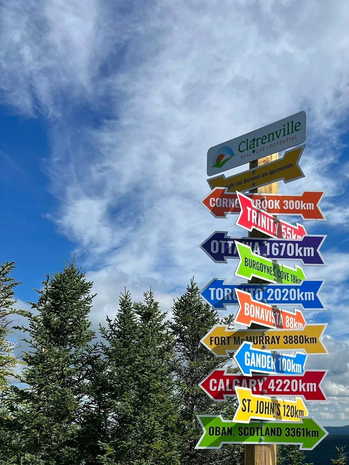 Colorful directional signs with distances in kilometers pointing to various locations, mounted on a wooden pole against a background of trees and a cloudy sky. Locations include Clarenville, Corner Brook, Trinity, Ottowa, Burgoyne's Cove, Toronto, Bonavista, Fort M. Murray, Gander, Calgary, St. John's, and Oban, Scotland.