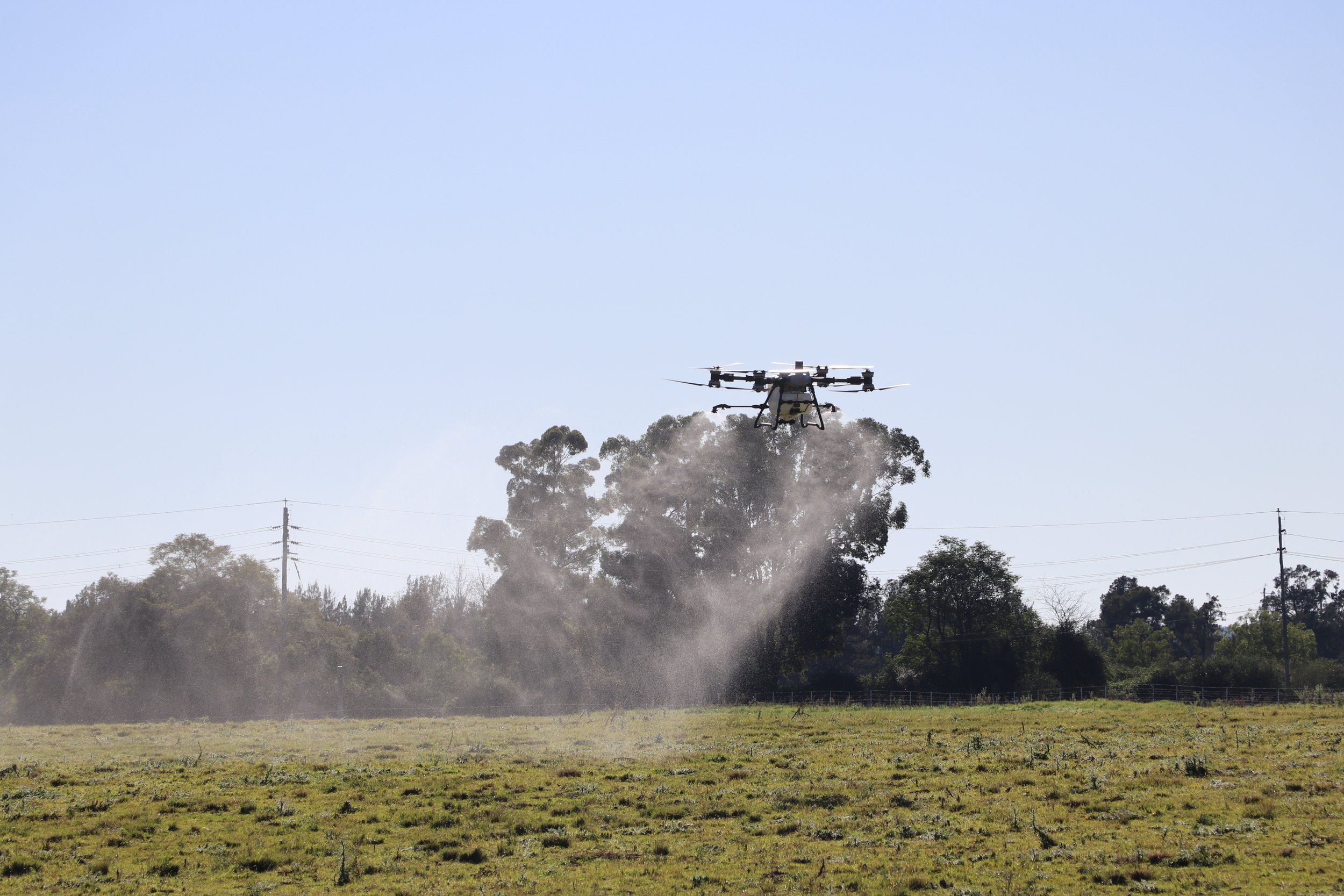 Drone hovering above a grassy field with dust or smoke below it, trees in the background, clear blue sky.