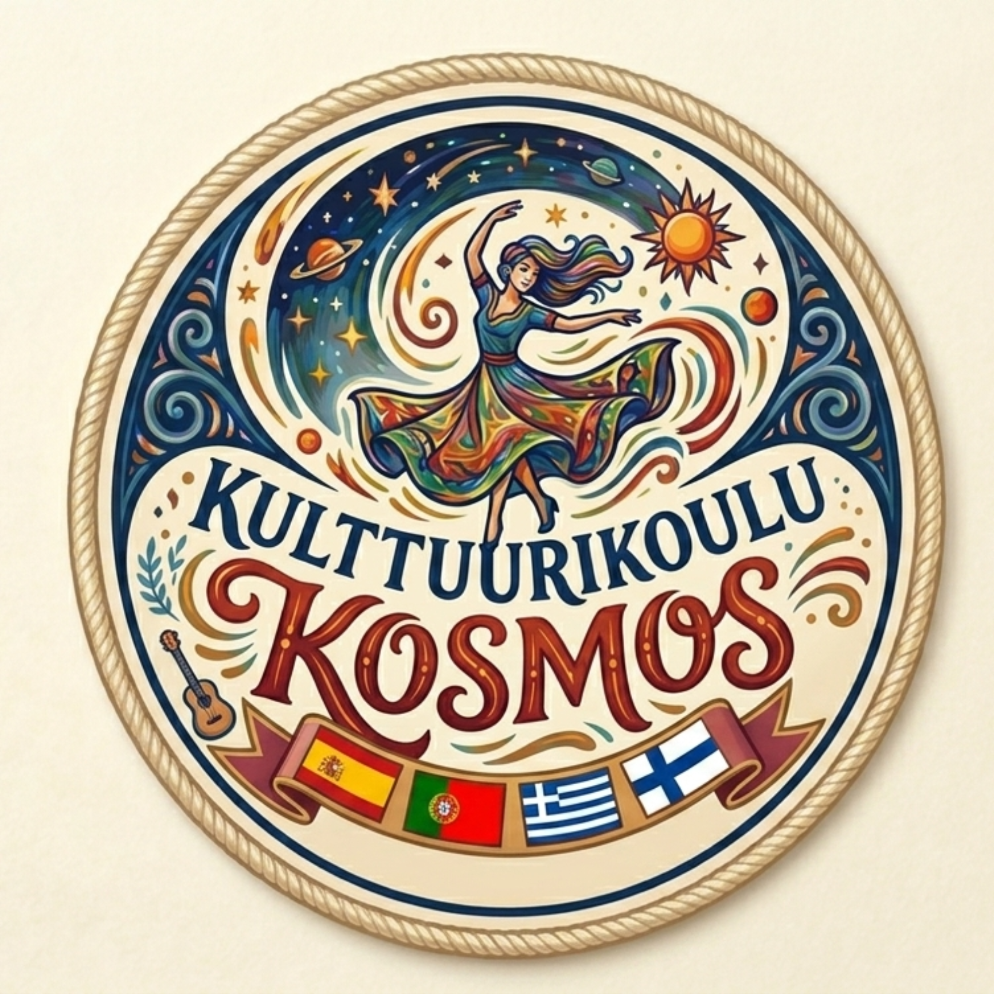 Väritetty symbolinen kuva kulttuurikeskuksesta, jossa nainen tanssii, auringon, planeettojen ja lippujen ympäröimänä, ja siinä lukee "Kulttuurikoulu Kosmos".