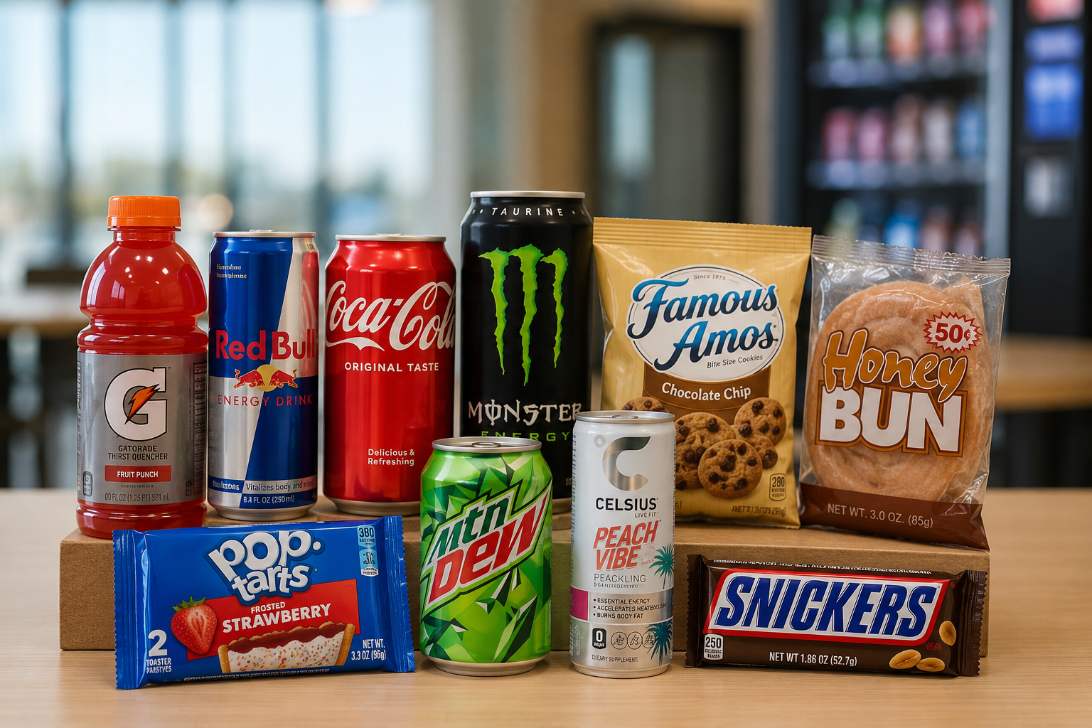 A variety of snacks and drinks on a wooden table, including a Gatorade bottle, Red Bull and Coca-Cola cans, Monster Energy drink, Famous Amos cookies, a Honey BUN snack, a Mountain Dew can, a Celsius Peach Vibe drink, a Snickers bar, a Pack of Pop-Tarts, and a bag of Honey Buns.