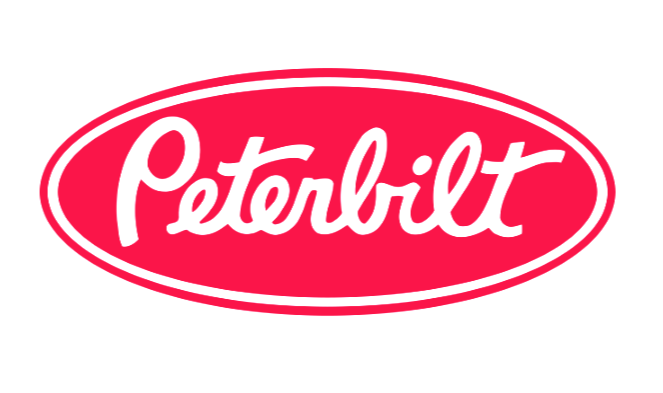 Peterbilt logo with red oval background and white script text.