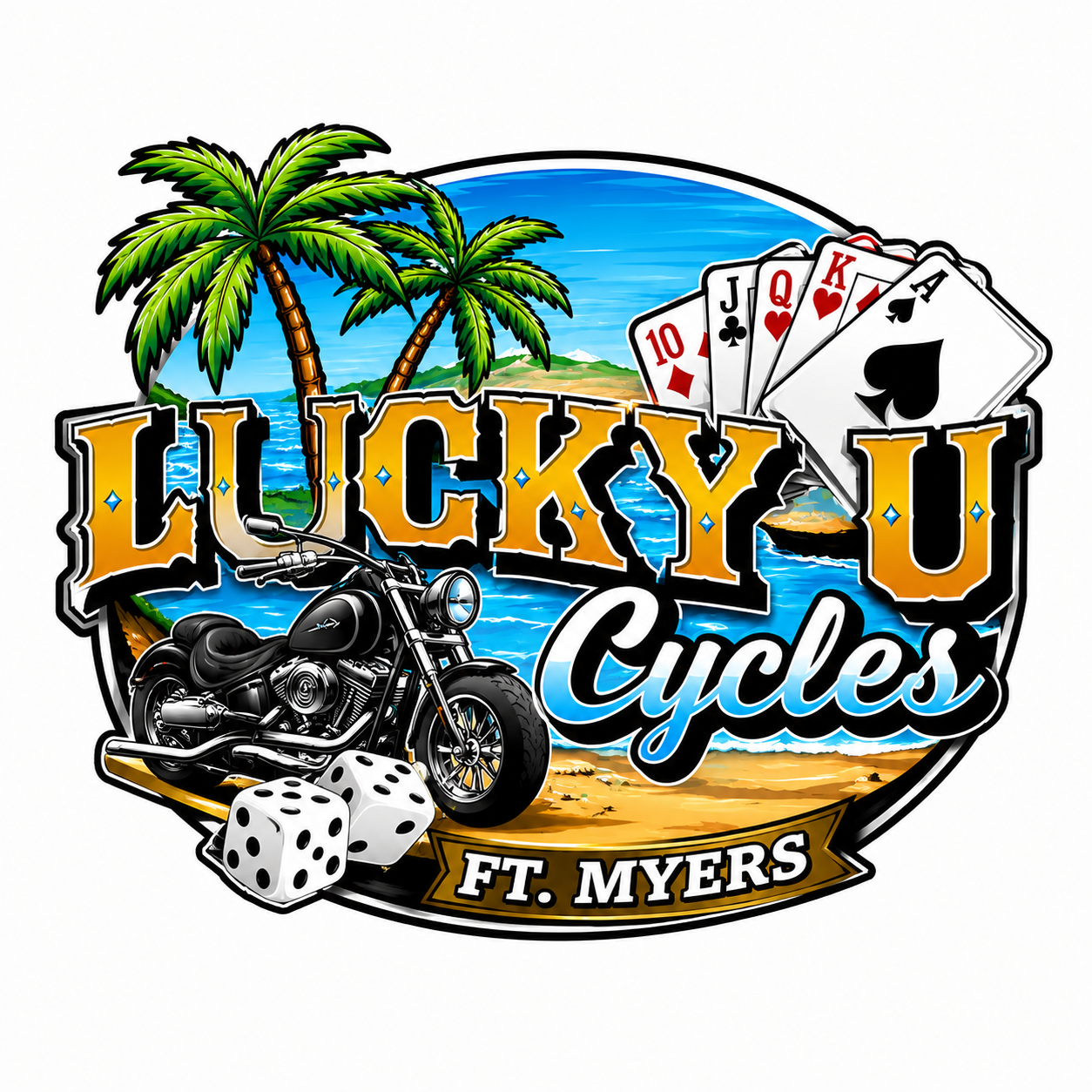 A colorful graphic promoting Lucky U Cycles in Fort Myers with palm trees, a motorcycle, dice, playing cards, and a scenic beach background.