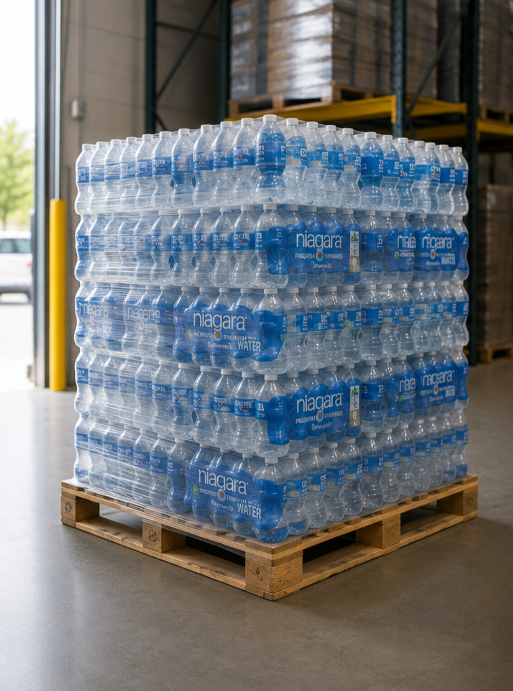 A pallet stacked with bottled Niagara spring water in a warehouse