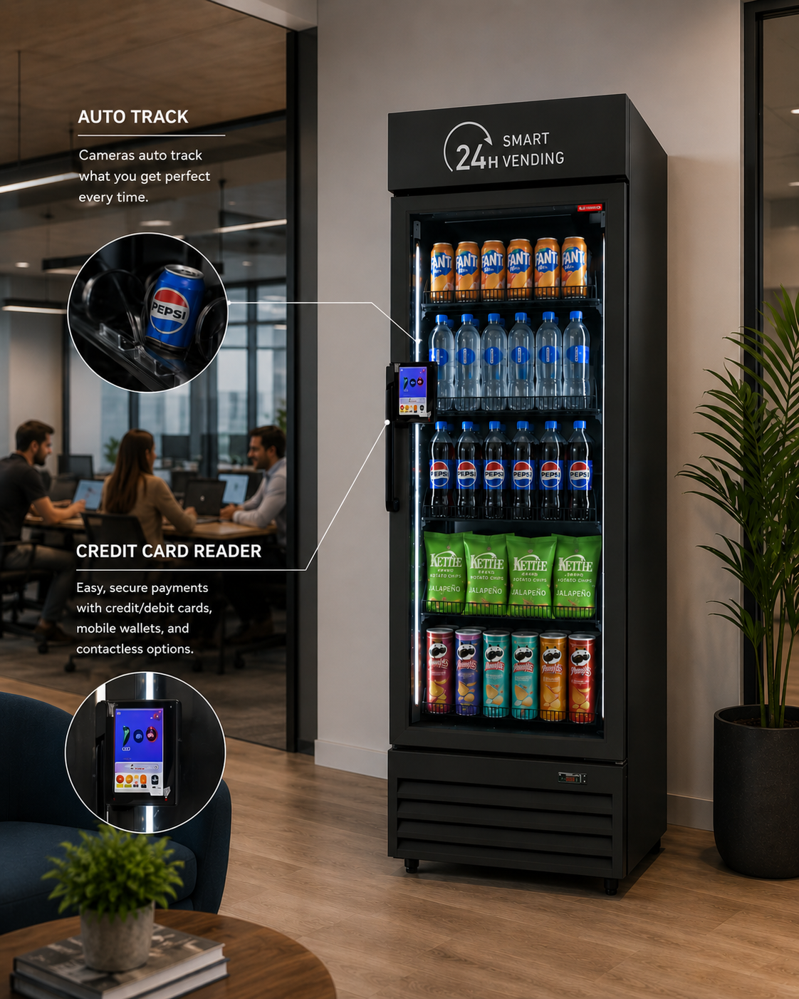 A vending machine with multiple drinks, featuring a smart auto track, credit card reader, and a digital touchscreen. The machine offers bottled water, cans of Pepsi, and snack bags, located in an office setting with people working in the background.