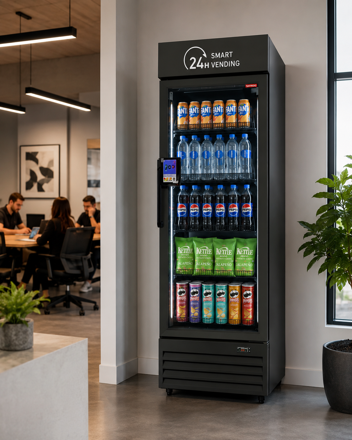 Vending machine with Fanta, water, Pepsi, Keiti chips, and Pringles snacks in an office setting.