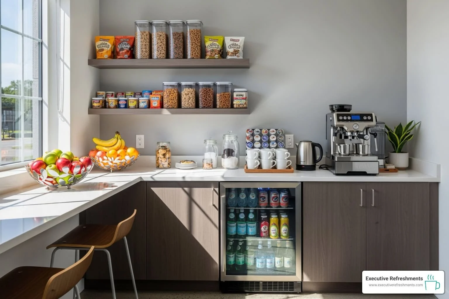 A dedicated breakfast or snack station with fruit bowls, cereal containers, coffee cups, a coffee machine, a kettle, and a mini fridge filled with beverages. Sunlight streams through a large window, illuminating the counter with wooden chairs nearby.