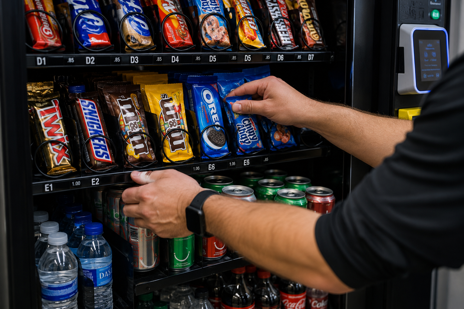 A person reaching into a vending machine filled with snacks and beverages, including chips like Doritos and Lay's, and cans of soda such as Coca-Cola and Sprite.