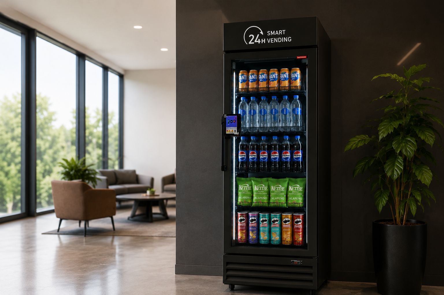 A vending machine filled with bottled beverages, including water, soda, and juice, located in a modern lounge area with large windows, green plants, and seating.