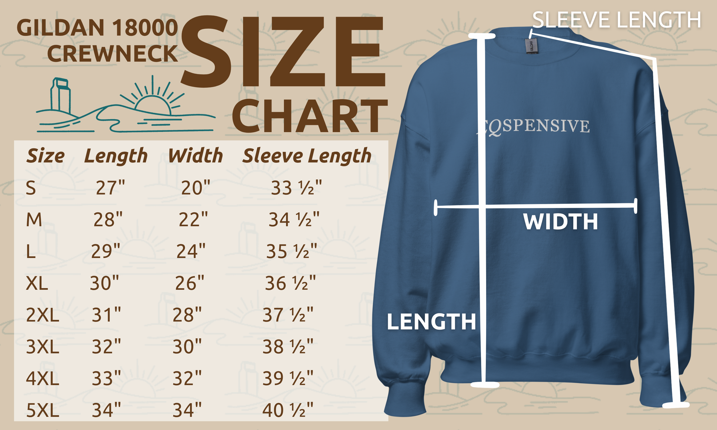 Gildan 1800 crewneck sweatshirt size chart with measurements for various sizes, showing length, width, and sleeve length, alongside a blue sweatshirt graphic with labeled measurement lines for length, width, and sleeve length.