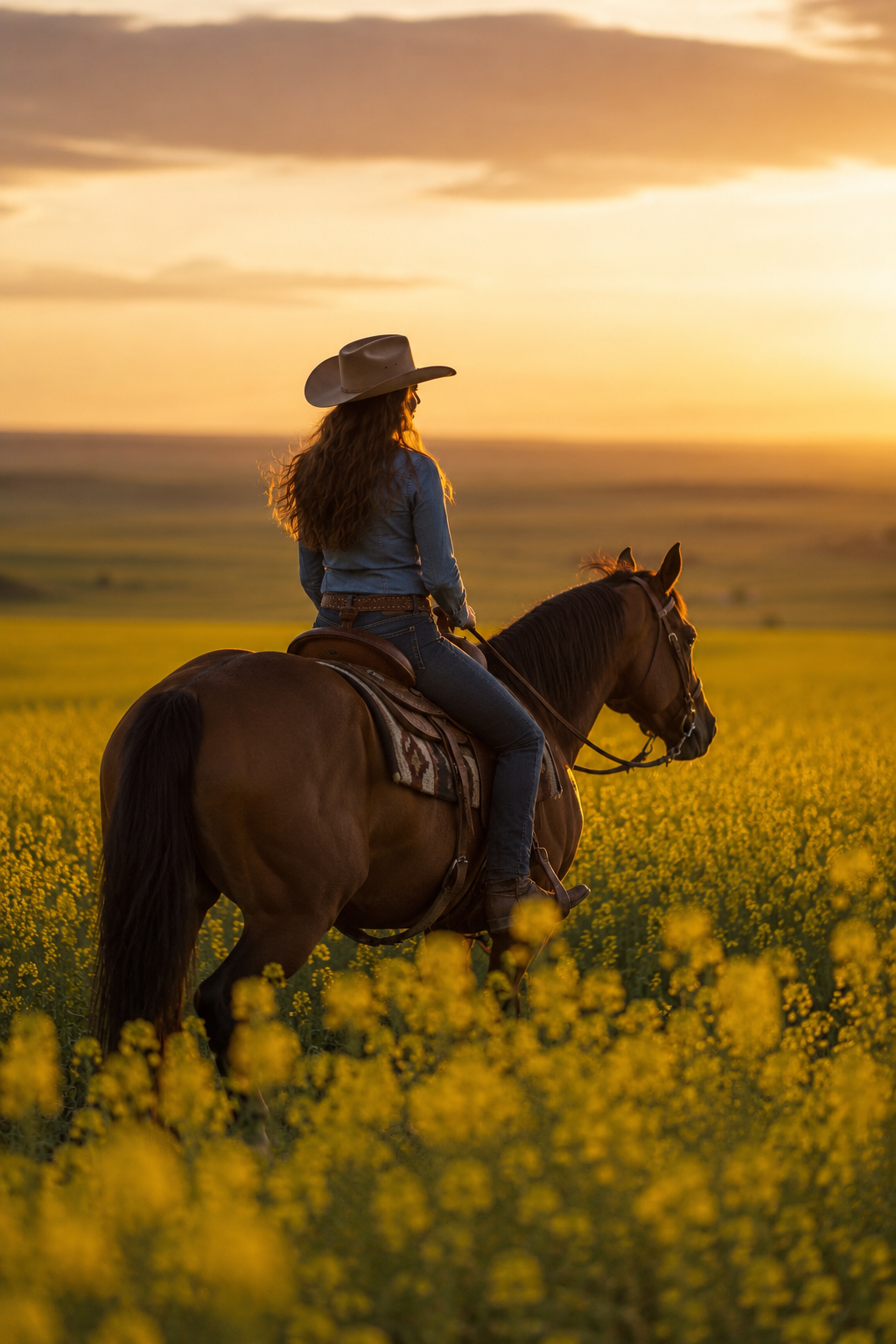 A woman in a cowboy hat and denim outfit riding a brown horse through a field of yellow flowers during sunset.