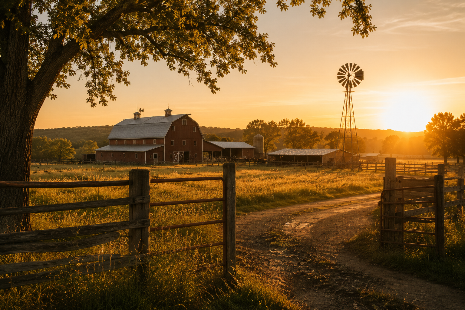 A rural farm scene at sunset with a dirt path, a wooden fence, a barn, windmill, and trees in the background.