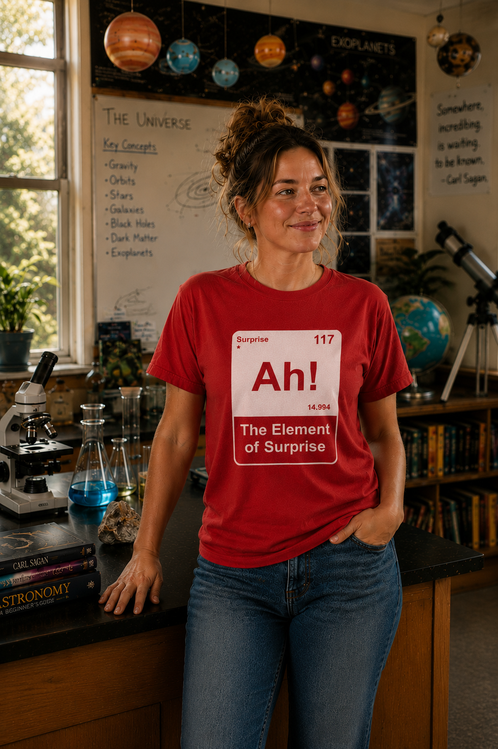 A woman standing in a science classroom, wearing a red t-shirt with a periodic table element design, smiling. Behind her are science books, microscopes, glass beakers, and a whiteboard with space-related diagrams and notes, along with a model of the solar system hanging from the ceiling.