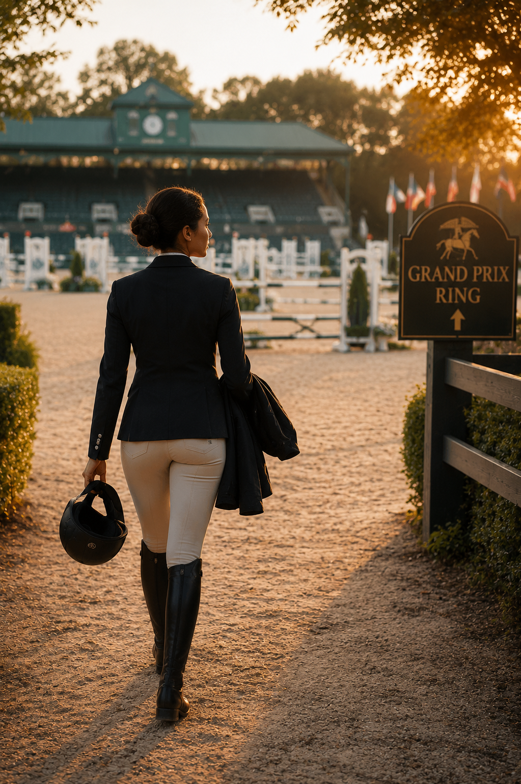 A woman dressed in equestrian attire, holding a helmet, walking toward a show jumping arena at sunset.