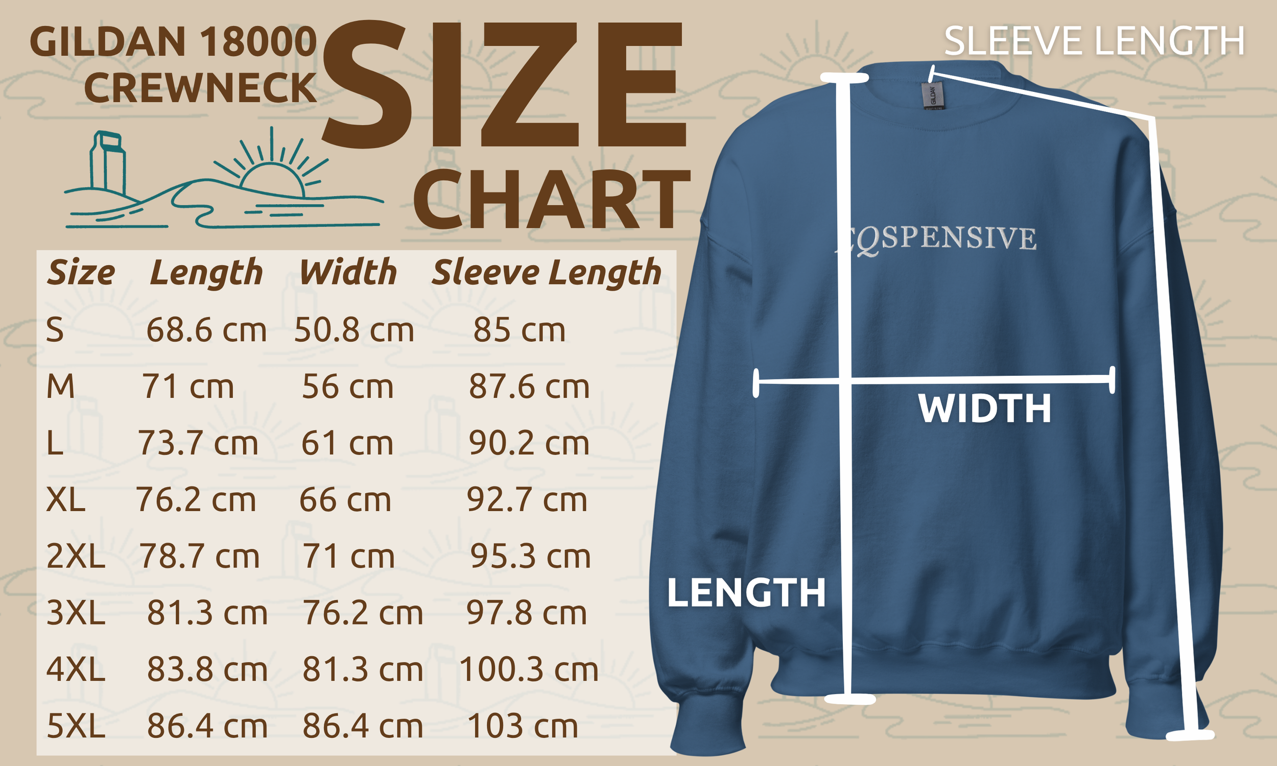 A size chart for a Gildan 1800 crewneck sweatshirt. The chart provides measurements for sizes S through 5XL, including length, width, and sleeve length. The background features a line drawing of a sunrise or sunset over hills, and there is an image of a blue sweatshirt with white measurement lines indicating sleeve length and width.