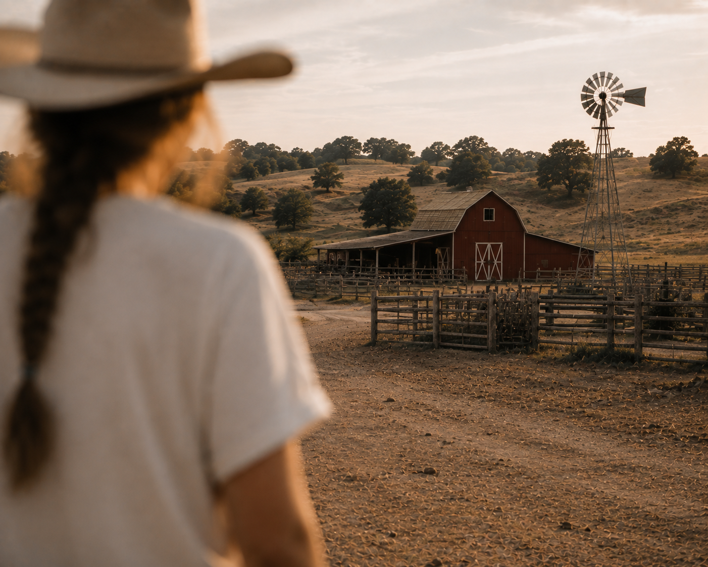 A woman with a braided hair and a white hat looking at a rural farm scene during sunset, featuring a red barn, a windmill, and scattered trees on rolling hills.