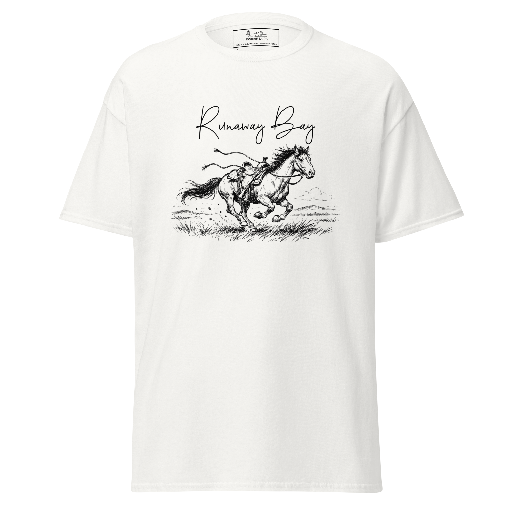 White T-shirt with a black line drawing of a running horse wearing a saddle and bridle, with the words "Runaway Bay" written above the horse.