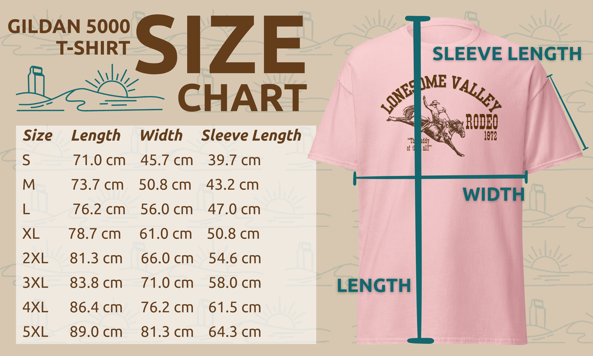 A chart displaying size measurements for a Gildan 5000 T-shirt, including length, width, and sleeve length for sizes S to 5XL. The chart is overlaid on a background with a line drawing of a sunrise and hills. To the right, a pink T-shirt with a rodeo graphic is shown with labeled arrows indicating sleeve length, width, and length.