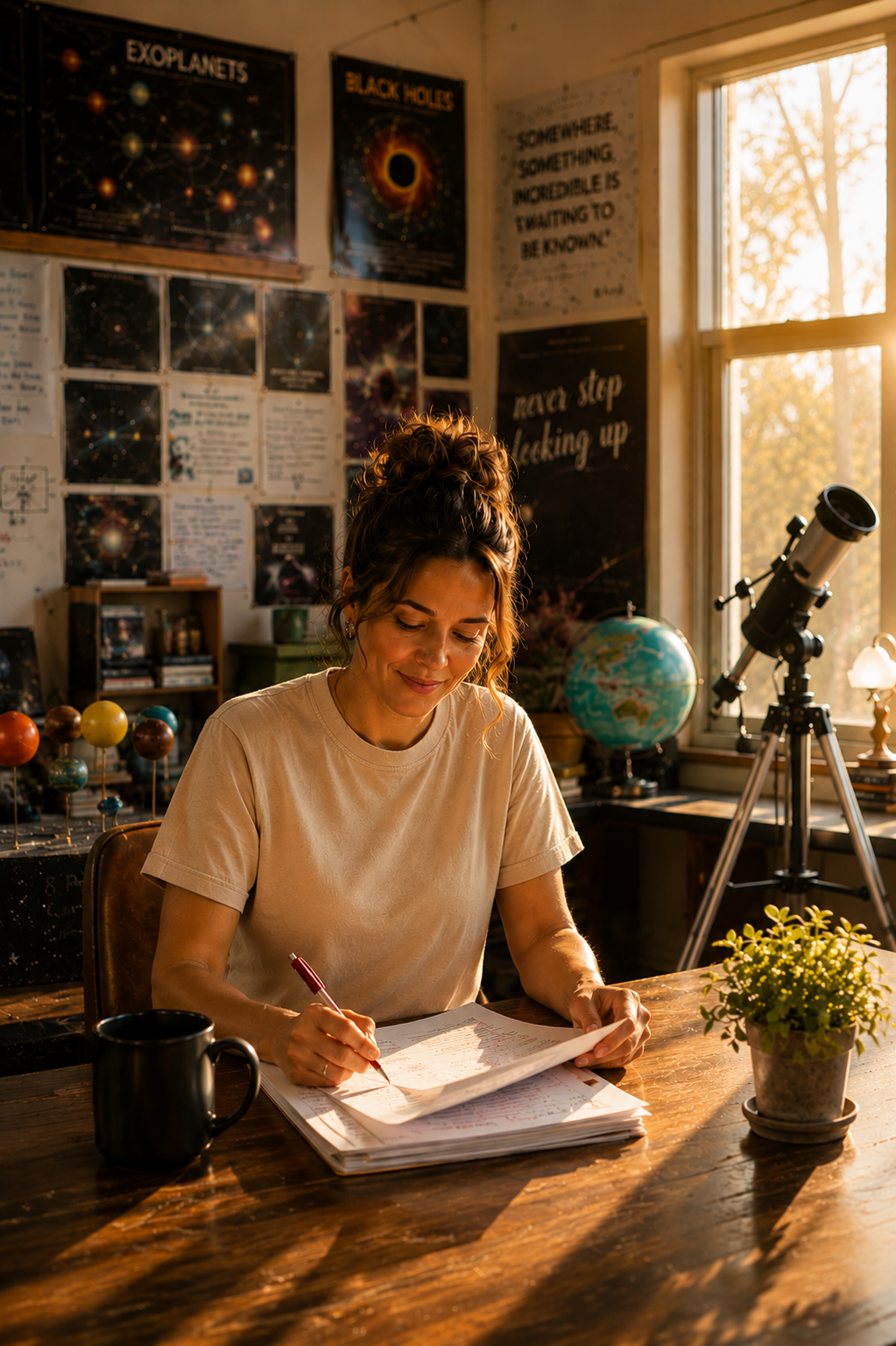 A woman sitting at a wooden desk in an astronomy classroom, writing in a notebook, with a black coffee mug and a potted plant on the desk. Behind her are posters about space, a globed earth, a telescope, and windows letting in sunlight.