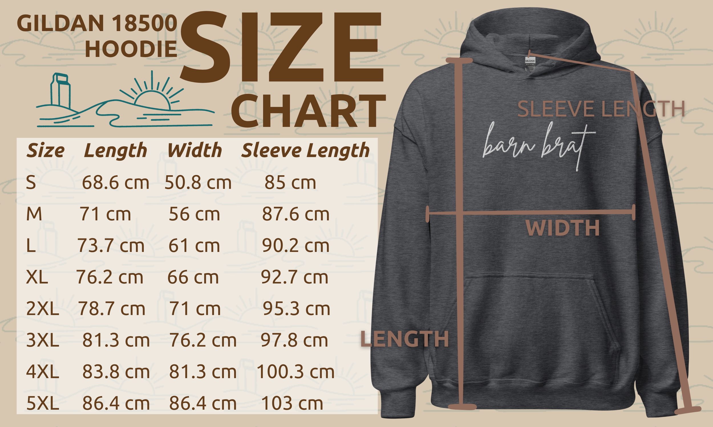 Infographic showing size chart for Gildan 18500 hoodie, including measurements for sizes S through 5XL with details on length, width, and sleeve length. A gray hoodie is displayed with measurement lines indicating the length, width, and sleeve length.