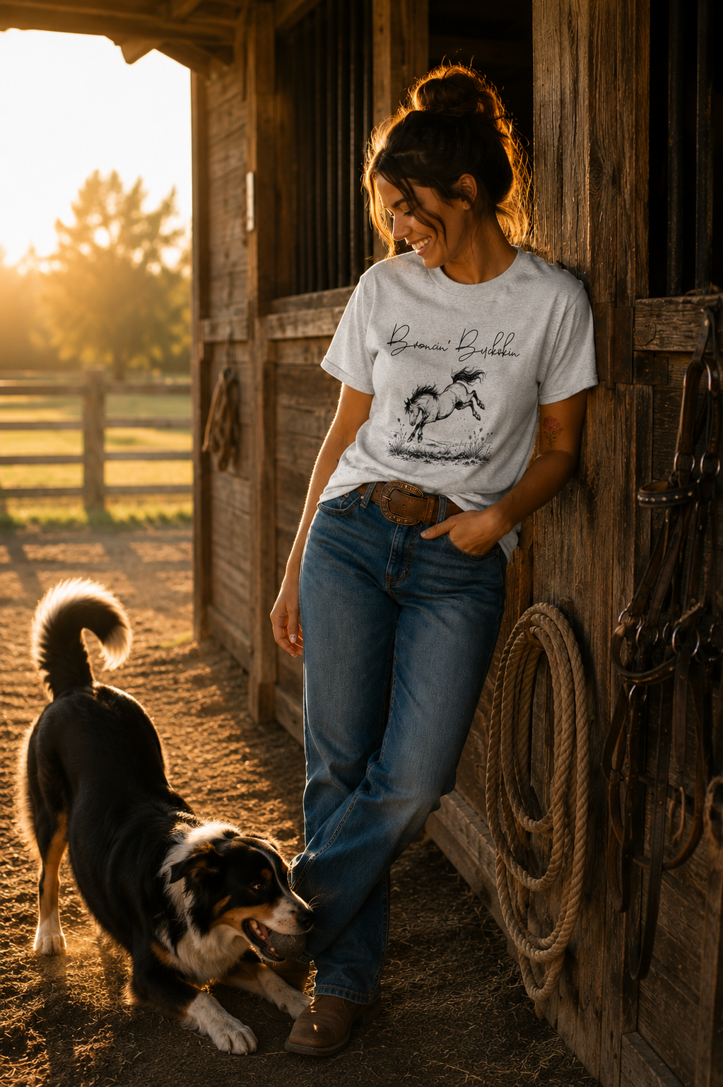 A woman leaning against a wooden stable door, smiling at her Australian Shepherd dog, with sunlight and trees in the background.