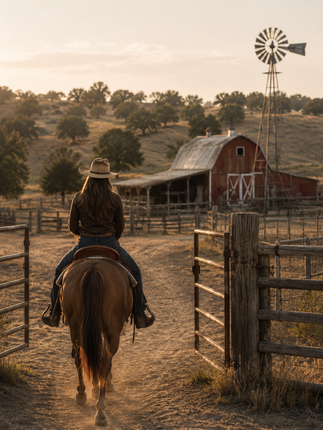 A woman wearing a cowboy hat riding a horse on a dirt path towards a red barn and windmill in a rural farm setting at sunset.