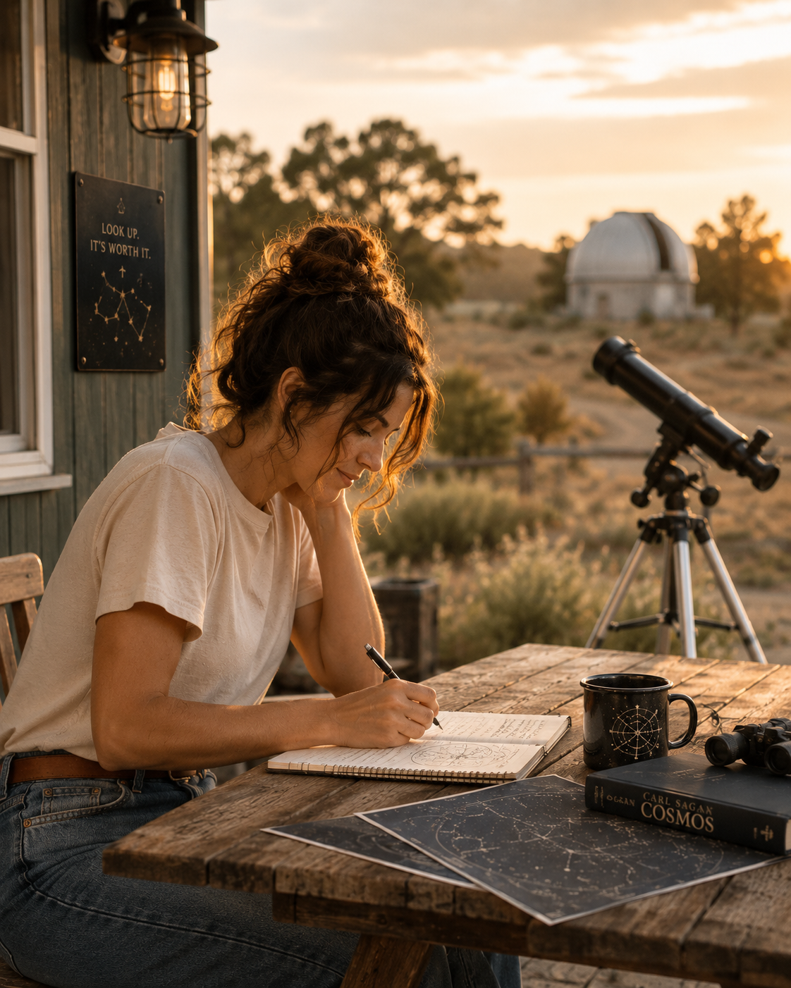 A woman is sitting at a wooden table outdoors during sunset, writing in a notebook with a pen. There is a telescope pointed toward the sky, a book titled 'Cosmos,' a coffee mug with a star map, and some star charts on the table. In the background, there is a telescope and a domed observatory, with trees and open landscape.