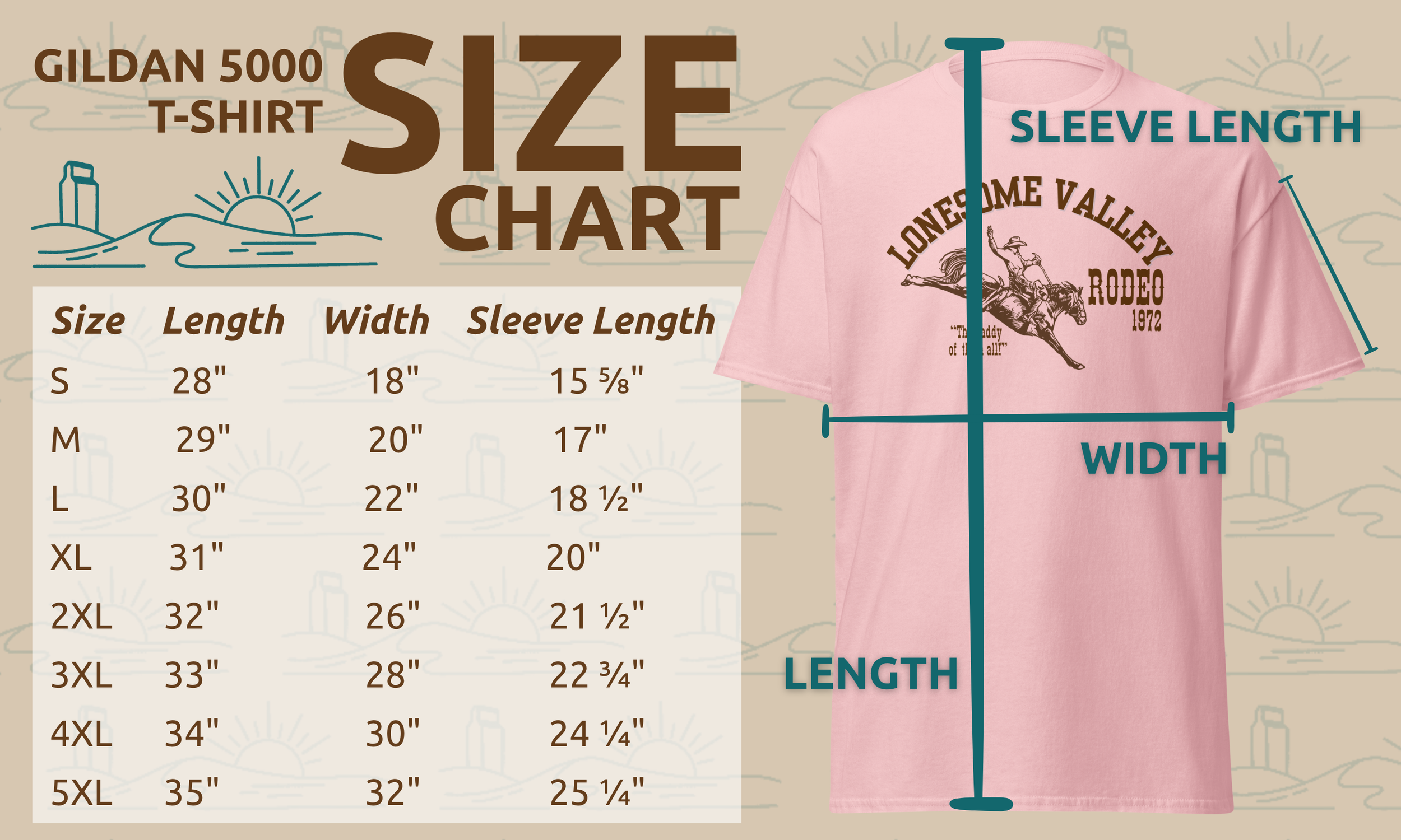 A diagram showing size chart measurements for a pink Gildan 5000 T-shirt, with labels for sleeve length, width, and length. The chart lists sizes from S to 5XL with corresponding measurements in inches.