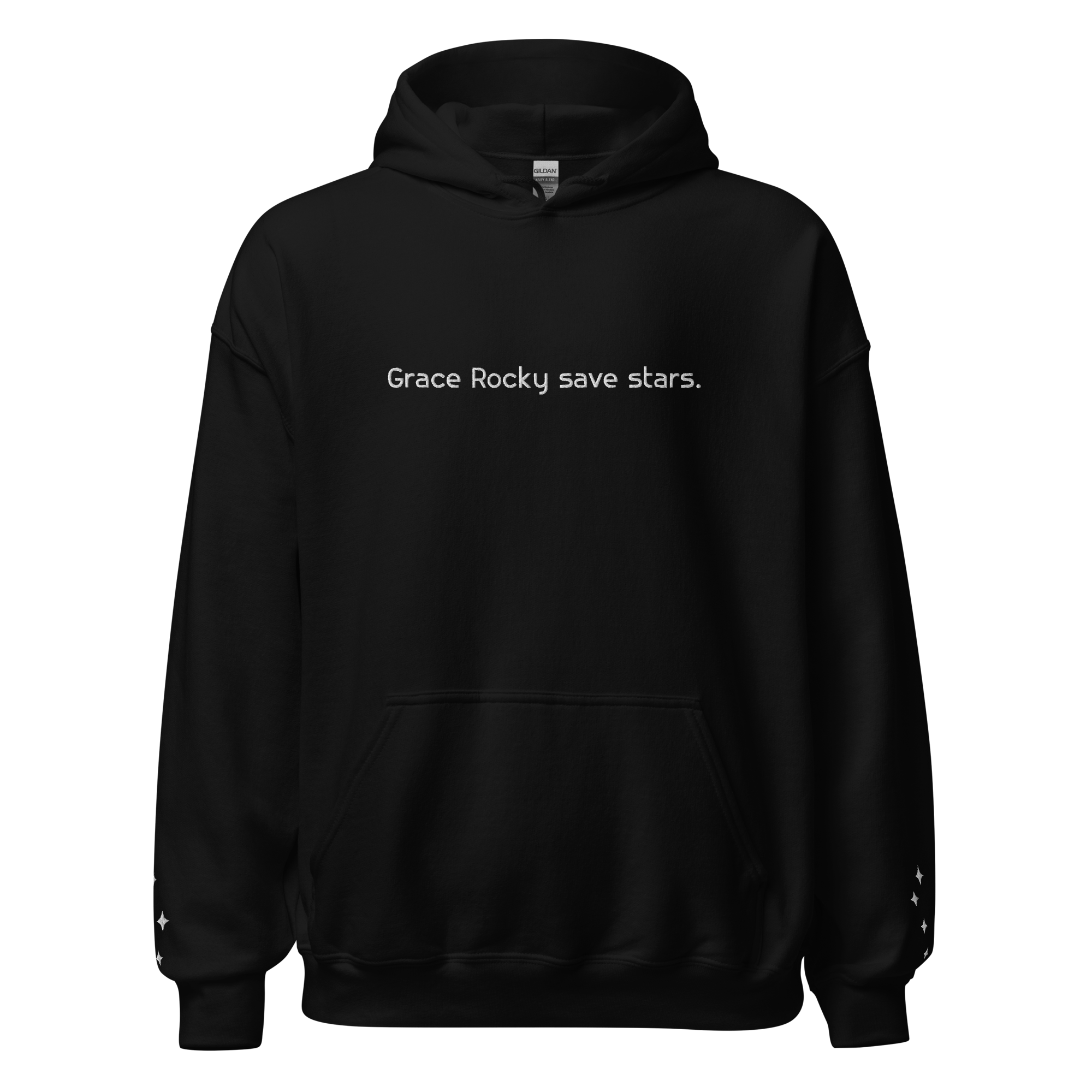 Black hoodie with embroidered  white text that says 'Grace Rocky save stars.' and small star constalations on each lower sleeve , one of Earth, Sol and Venus, the other of Erid, Adrian, Sol and Tau Ceti.
