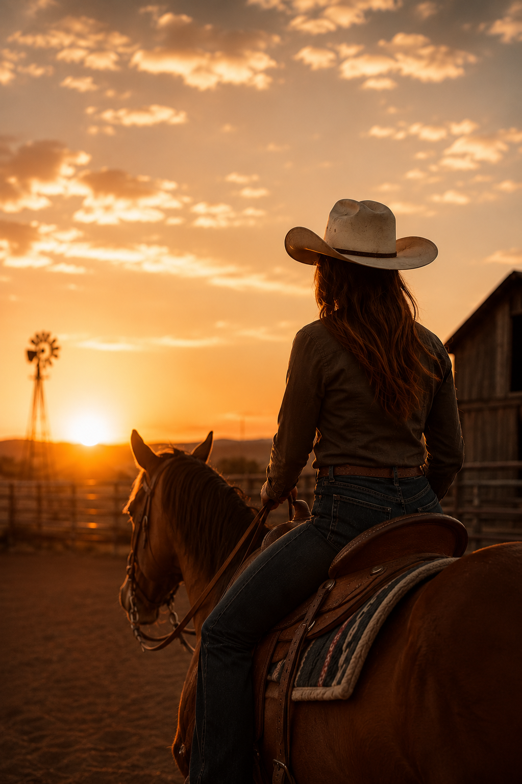 A woman with long hair wearing a cowboy hat and western clothing, riding a horse at sunset on a farm with a barn and windmill in the background.