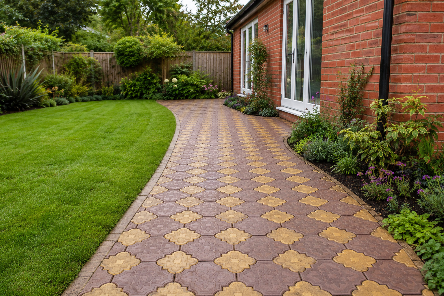 Curved brick pathway running alongside a red-brick house with white doors and lush garden plants on the right, and a green lawn on the left.
