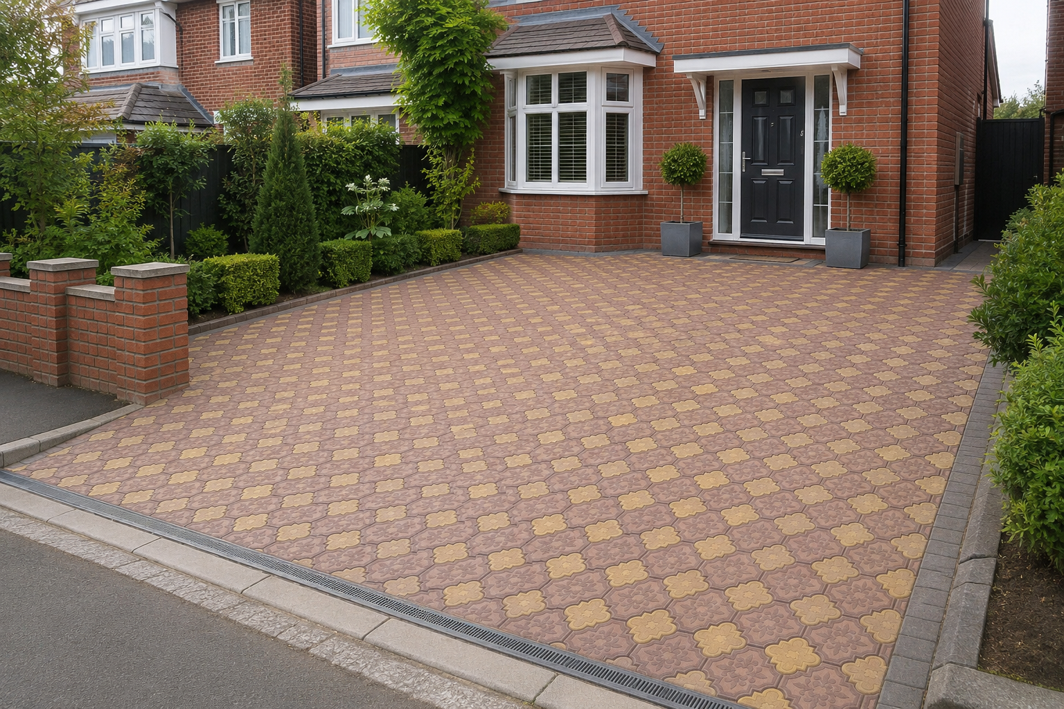 Front view of a brick house with a patterned paved driveway, two potted topiary trees, and landscaped greenery along the side.