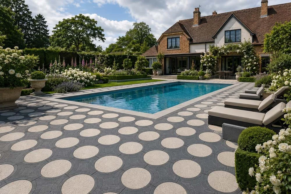 A backyard with a rectangular swimming pool, surrounded by a patterned stone patio, white lounge chairs, and lush greenery with flowering bushes, a house with brick and white siding, and trees under a partly cloudy sky.