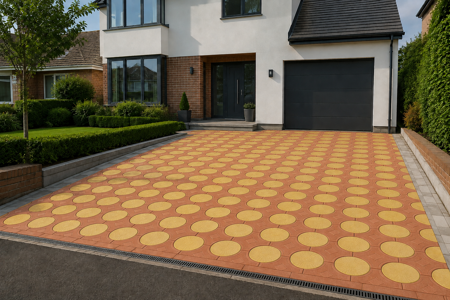 Modern house with a patterned brick driveway, front door, garage, and landscaped garden with shrubs and trees.