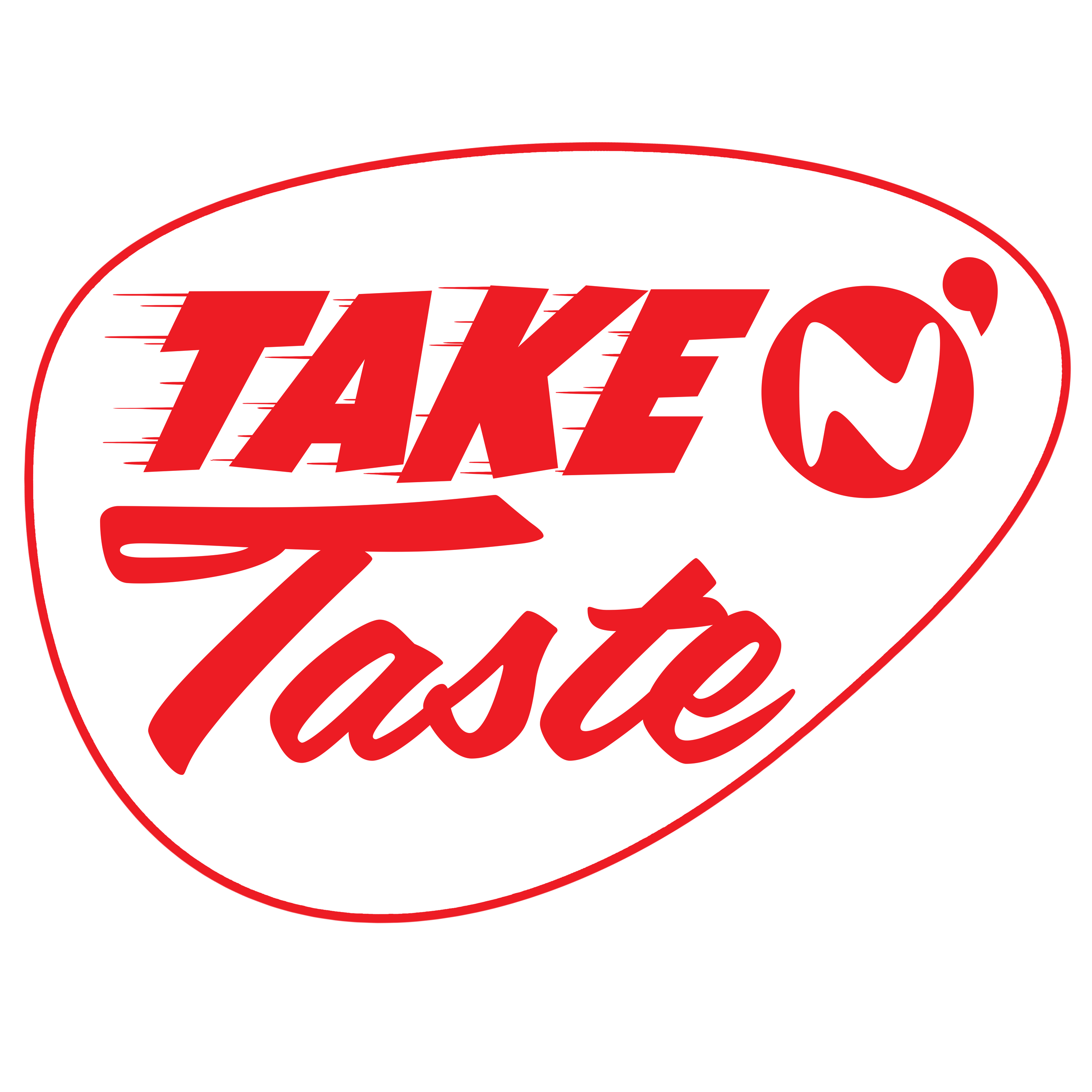 Red and white logo with the text "TAKE N' TASTE" in bold red letters and a stylized red circle around the text.