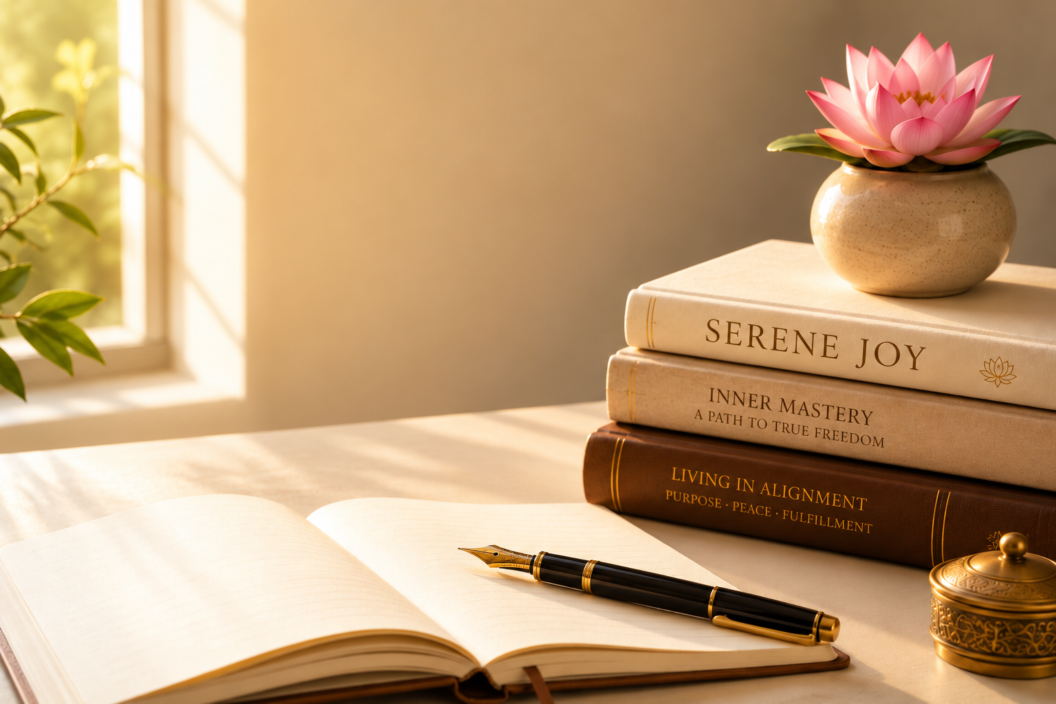 A stack of three books with a pink lotus flower in a beige vase on top, an open notebook with a fountain pen, and a decorated gold container on a desk near a window with sunlight streaming in.