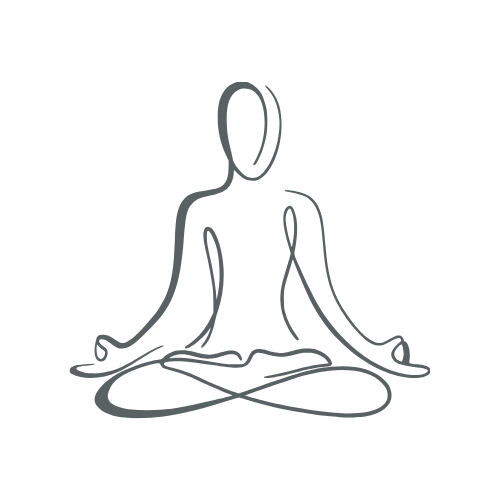 Line drawing of a person sitting in a meditation pose with crossed legs and hands resting on knees.