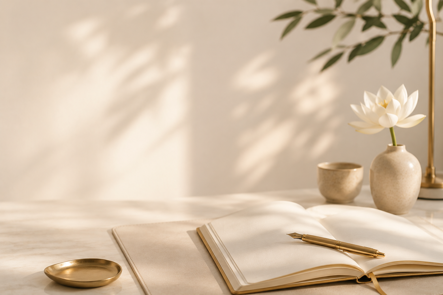 A white marble desk with an open blank notebook and a gold fountain pen, a small gold dish, a beige vase with a white lotus flower, a beige cup, and a gold desk lamp, with sunlight and shadows on the wall.