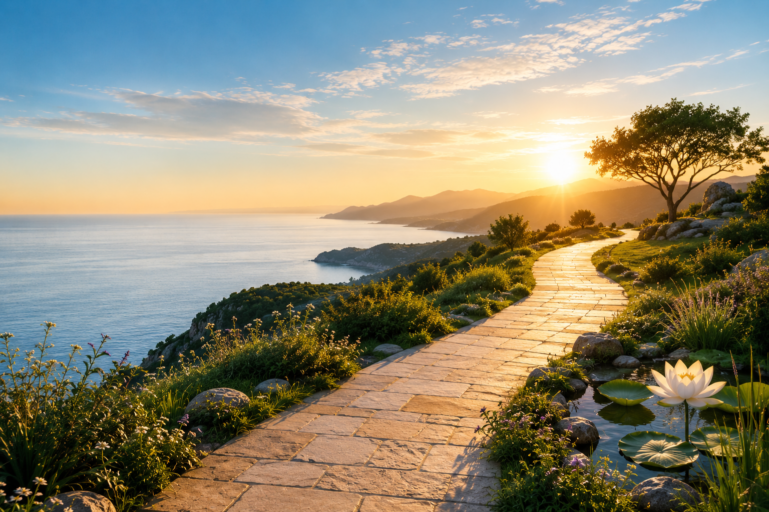 A winding stone pathway along a coastline at sunset, with a tree and water lilies in a pond on the right, and mountains in the distance.