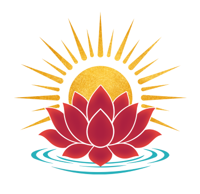 A stylized red lotus flower floating on water with a golden sun and colorful rays in the background