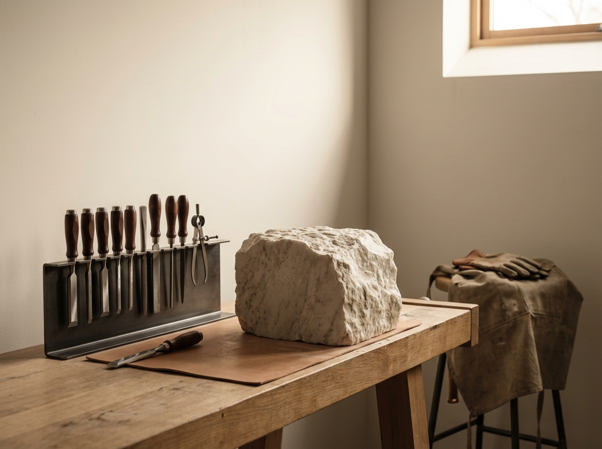 A woodworking workspace with chisels and carving tools on a stand, a large stone block on a wooden table, and a pair of gloves on a cloth-covered stool near a window.