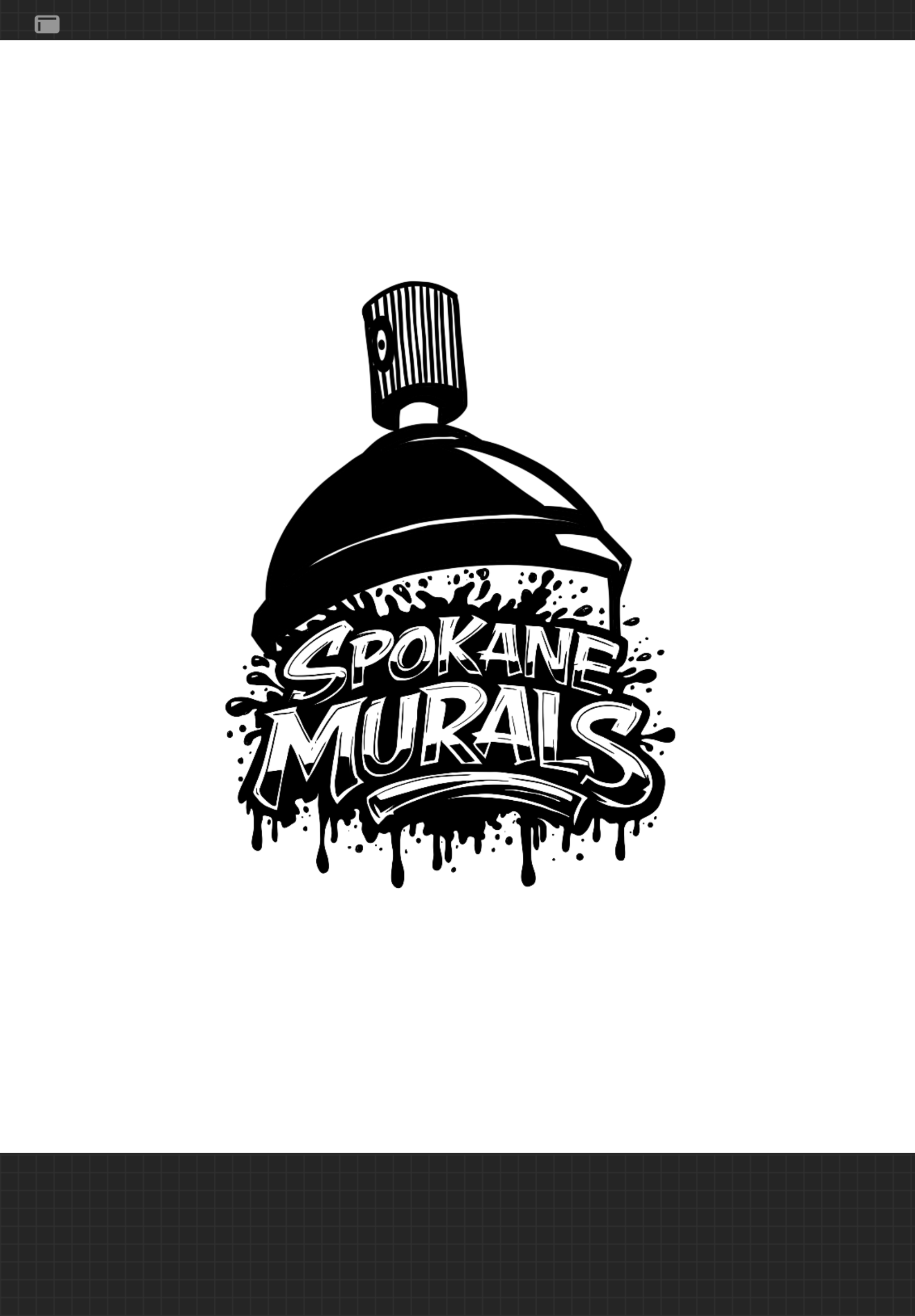 Black and white graffiti-style illustration of a spray paint can with the words 'Spokane Murals' written on it, dripping paint at the bottom.