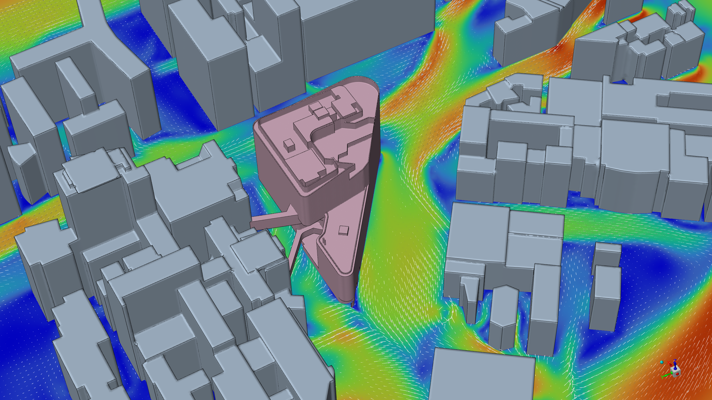 Wind impact assessment CFD simulation for pedestrian safety and comfort for buildings and urban environments.