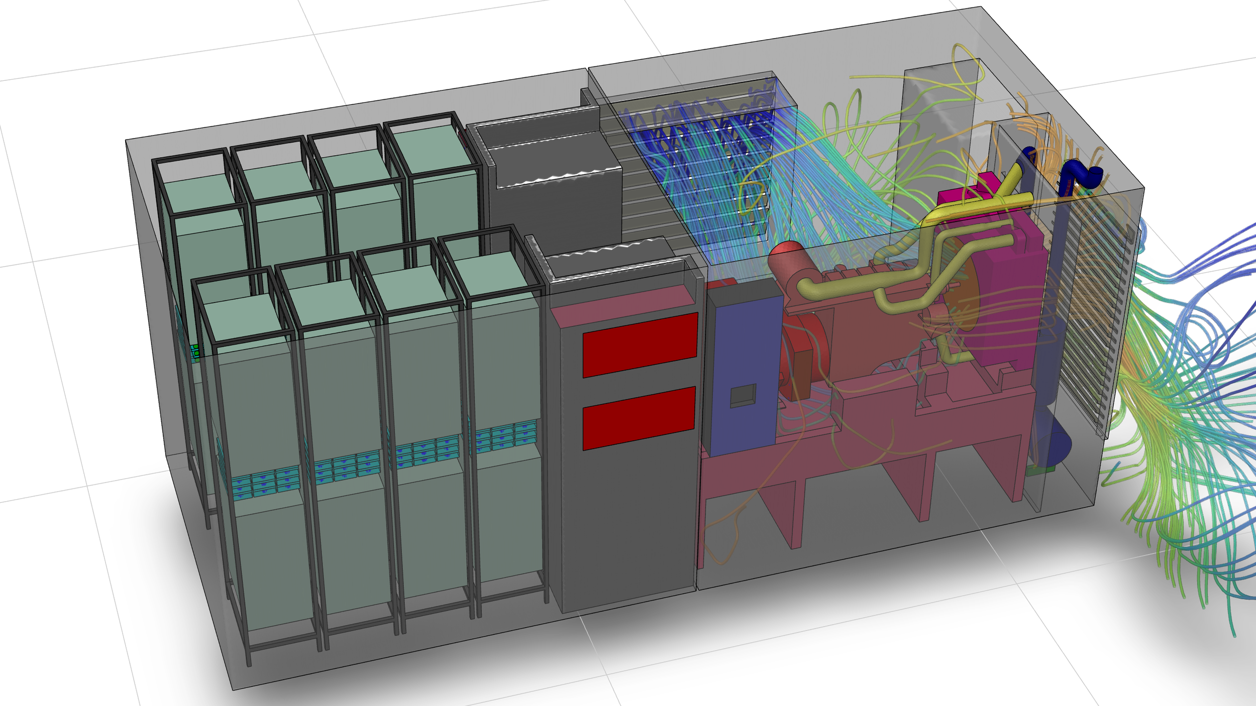 Natural ventilation through louvres in the genset compartment of a BESS container, showing effective discharge of high temperature air through the engine radiator